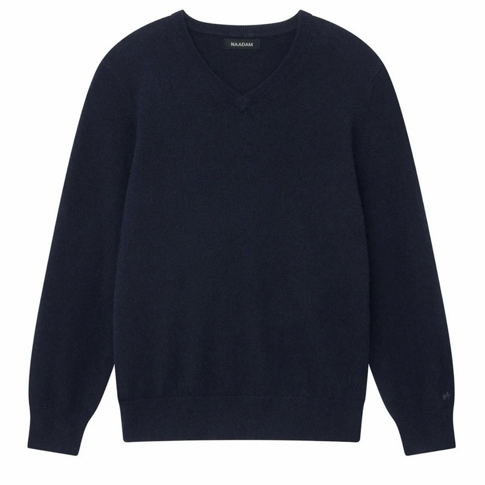 Men’s Naadam Navy V-Neck Sweater 100% cashmere size large long sleeve